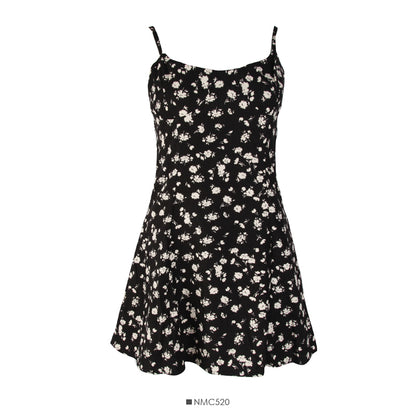 Hong Kong style retro small fresh broken flower low neck backless suspender skirt  2688