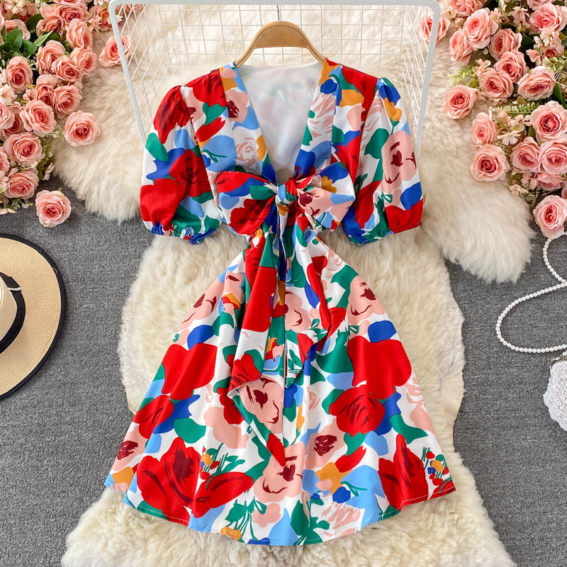 Robe fleurie à col en V de style rétro français 2923