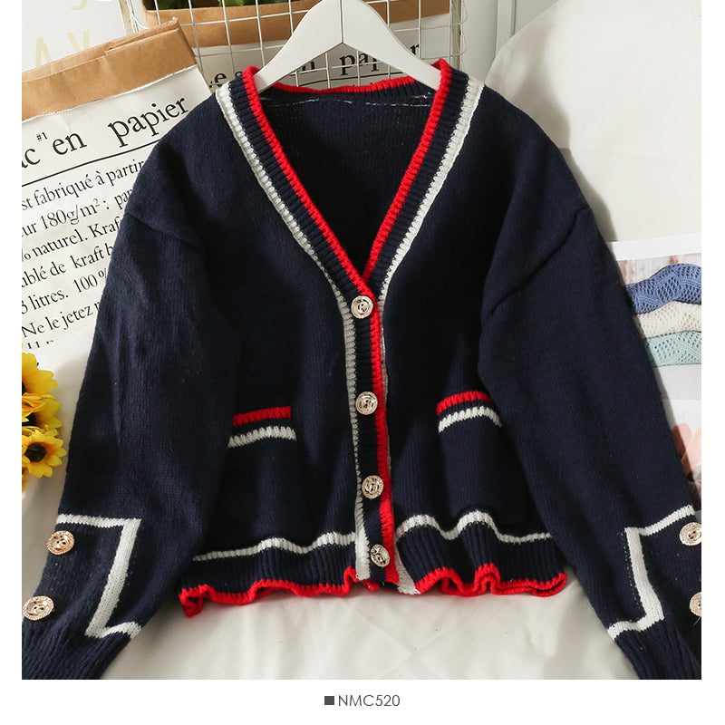Pull femme rayé col bas cardigan simple boutonnage sur le dessus 1984