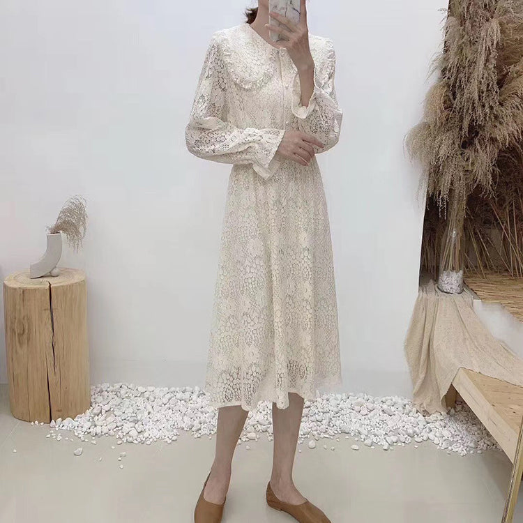 New Lapel lace long sleeve high waist slim gentle long skirt  2390