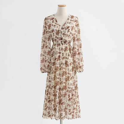 Temperament V-neck dress French waist closing thin chiffon long skirt  2280