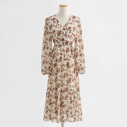 Temperament V-neck dress French waist closing thin chiffon long skirt  2280