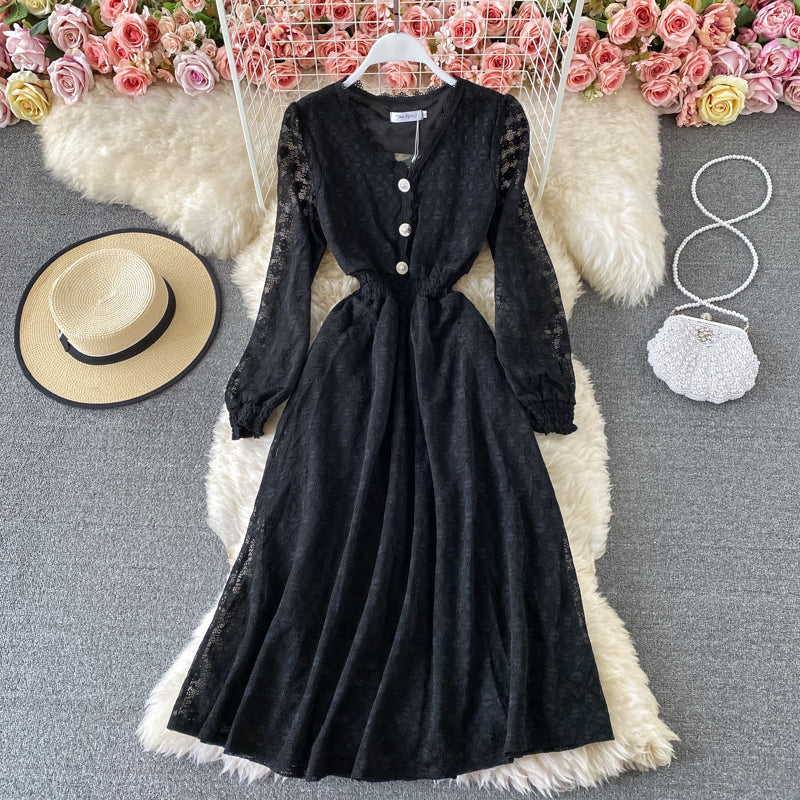 Women's dress with narrow waist and solid color bubble sleeve lace  3420