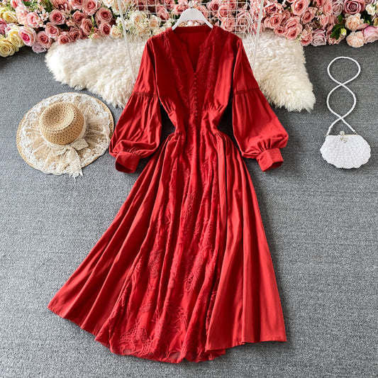 Gentle wind closing waist Lantern Sleeve V-neck dress  3183
