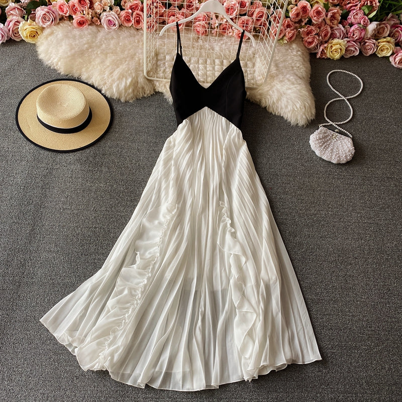 Suspender backless Pleated Dress super fairy big swing dress  2717