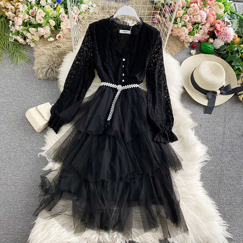 Robe jupe patchwork en dentelle à volants en maille 3282
