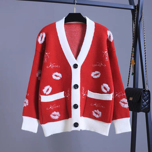 Cardigan en tricot de couleur contrastée, ample, col en V, haut en maille à lèvres 1403