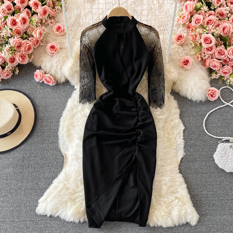 Robe noire à manches longues et coutures en maille avec taille cache-cœur 3228