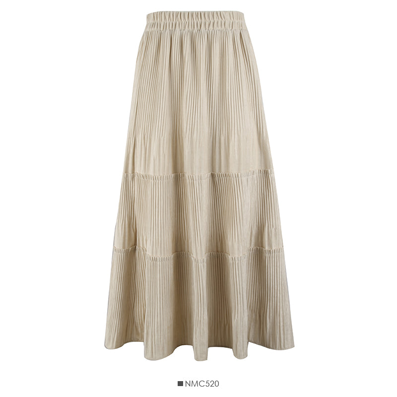 Retro loose slim stitching medium length organ pleated A-line skirt  2571