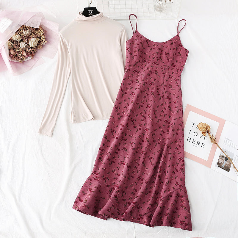 Two piece set of high necked bottom shirt + suspender floral skirt  2365