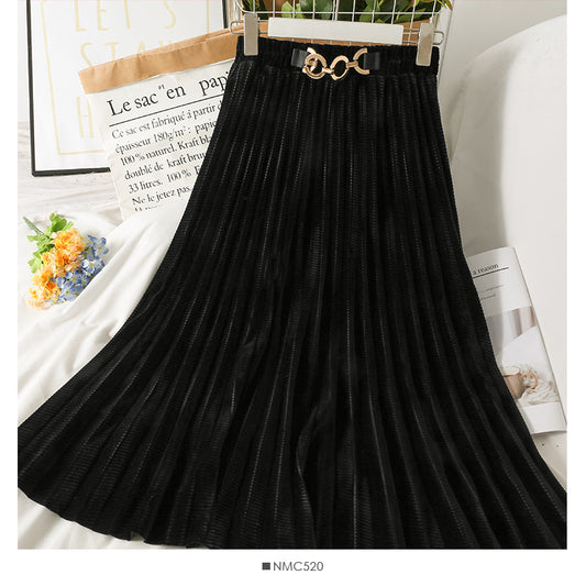 Korean Vintage golden velvet elastic waist thin skirt  2607