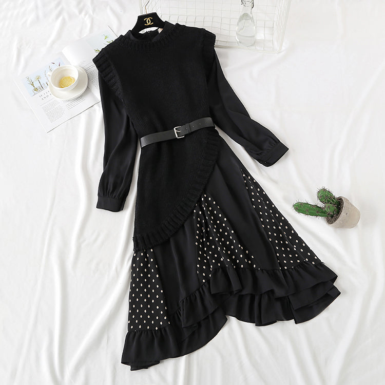 Knitted vest suit temperament two-piece suit with slim waist  2302