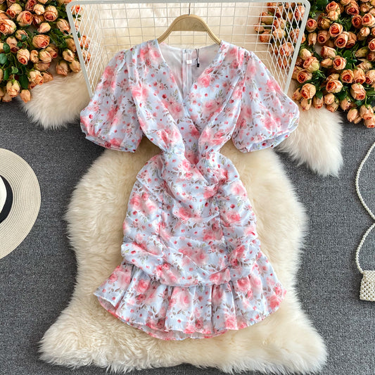 Gentle wind floral V-neck fishtail wrap hip Chiffon Dress  3346