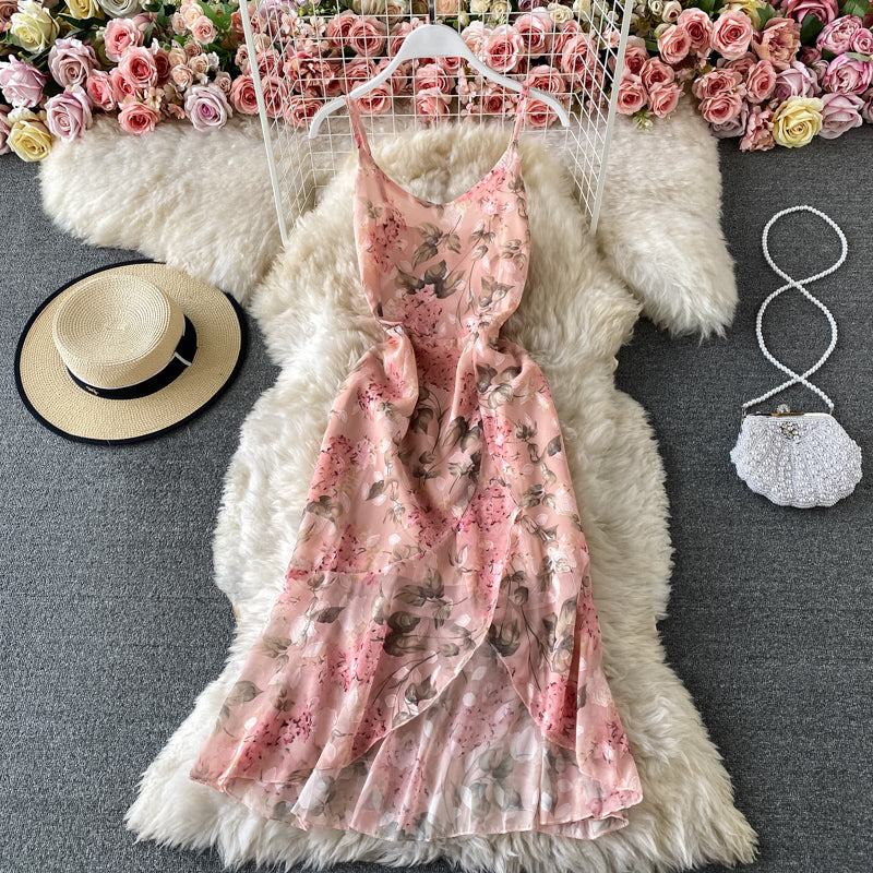 Robe en mousseline de soie à fleurs rose fendue avec volants irréguliers 3426