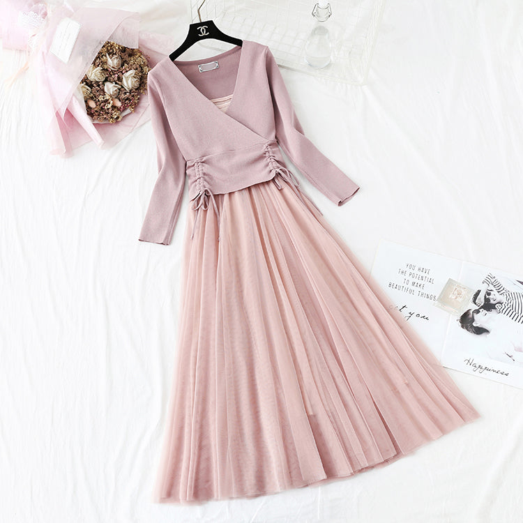 Women's suit skirt fashion knitted sweater + suspender mesh dress  2174