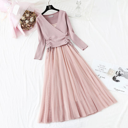 Women's suit skirt fashion knitted sweater + suspender mesh dress  2174