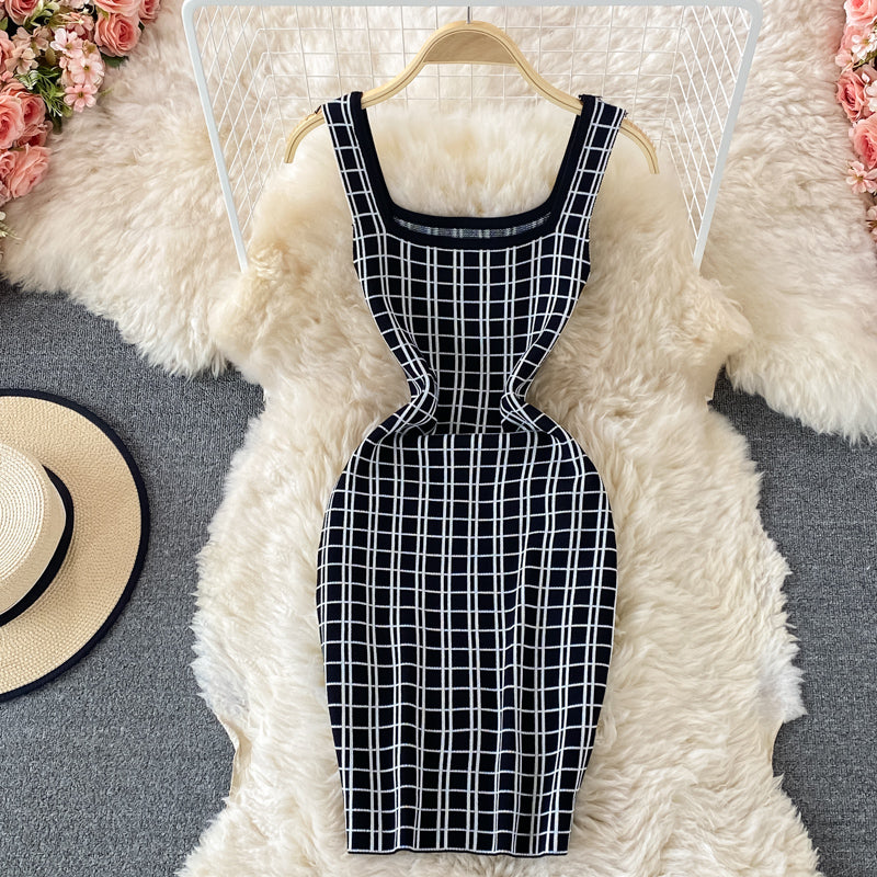 Suspender skirt shows thin ice silk knitted Plaid Hip Wrap Dress  2756