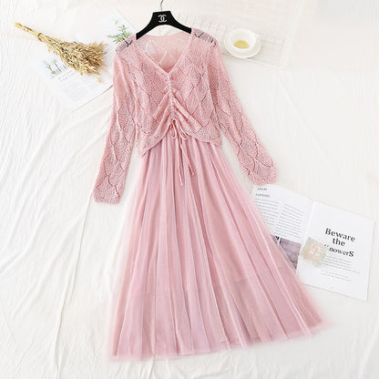 Two piece cut-out sweater suspender mesh skirt  2385