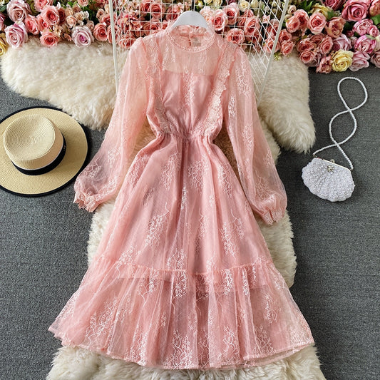 Lace round neck, sweet waist, slim A-line skirt, medium length skirt  3297