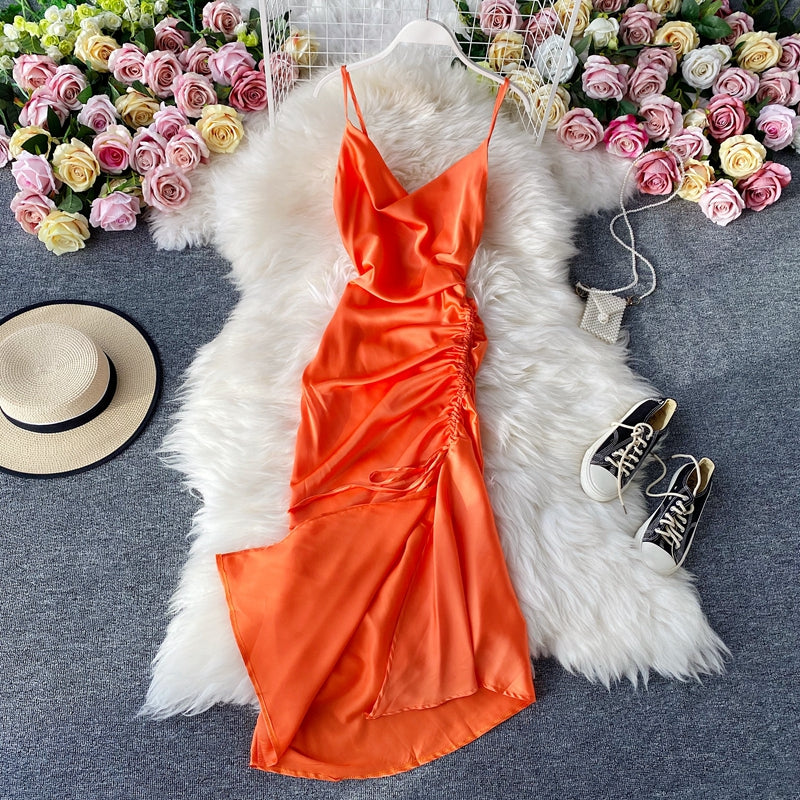 Waist drawcord Pleated Satin suspender dress  2791