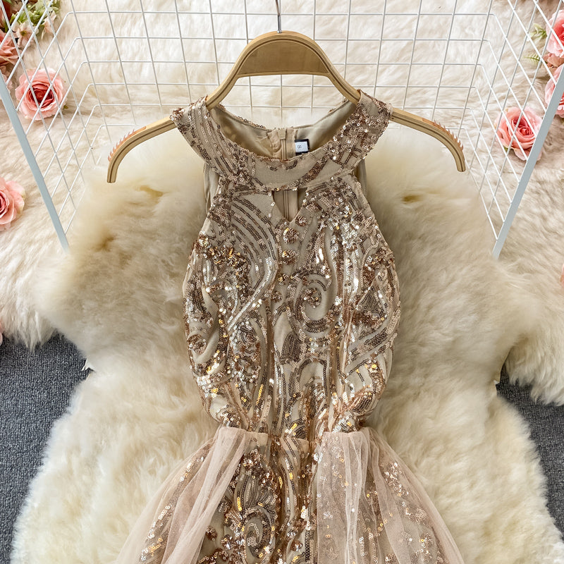 Robe sexy en maille patchwork à épaules dénudées et sequins 2908
