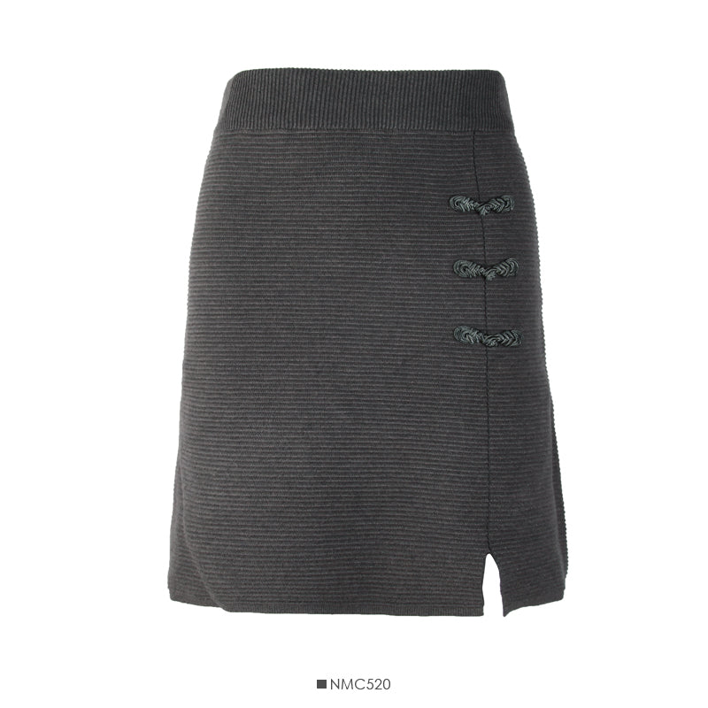 Hong Kong style retro disc buckle elastic waist thin striped A-line skirt  2644