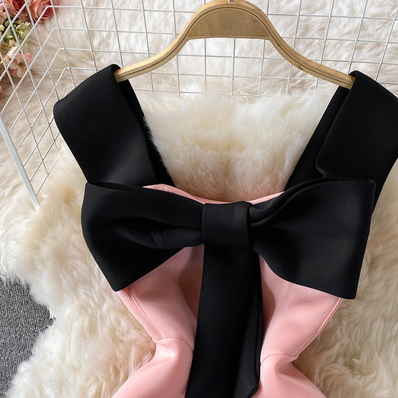 Light luxury celebrity dress open back suspender skirt large bow slim fit  2730