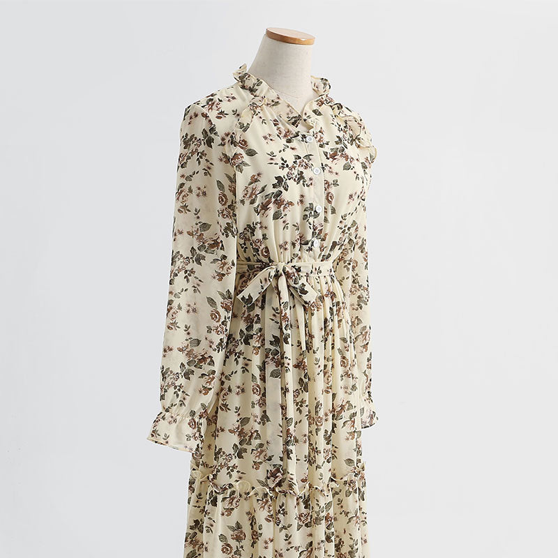 Temperament: slim waist, long sleeved chiffon dress with backing  2214