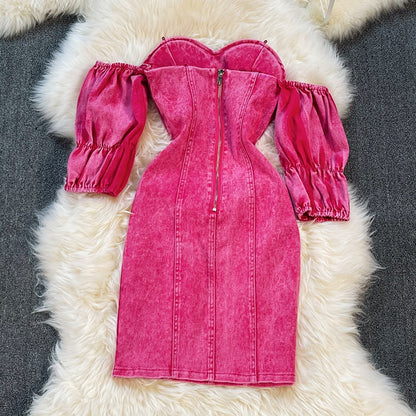 Robe en jean sans bretelles à épaules dénudées coréenne 2964