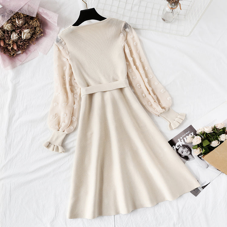 Small fragrance skirt children's French retro waist shows thin temperament V-neck  2145
