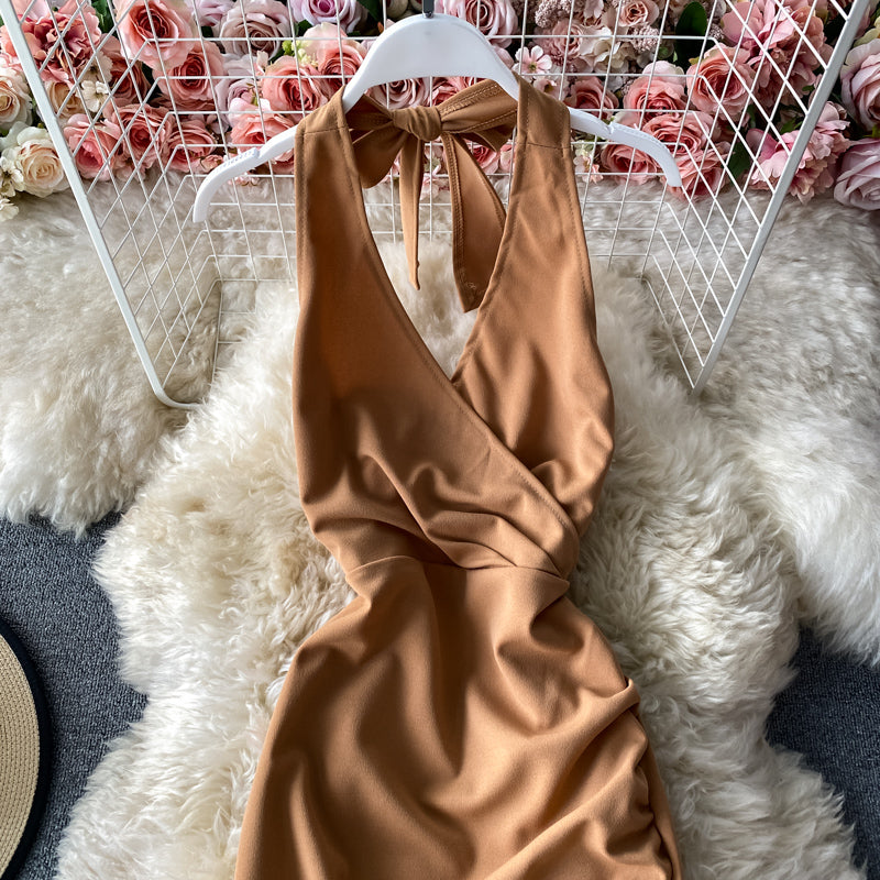 Hollow out backless sexy hanging neck V-neck dress  2759