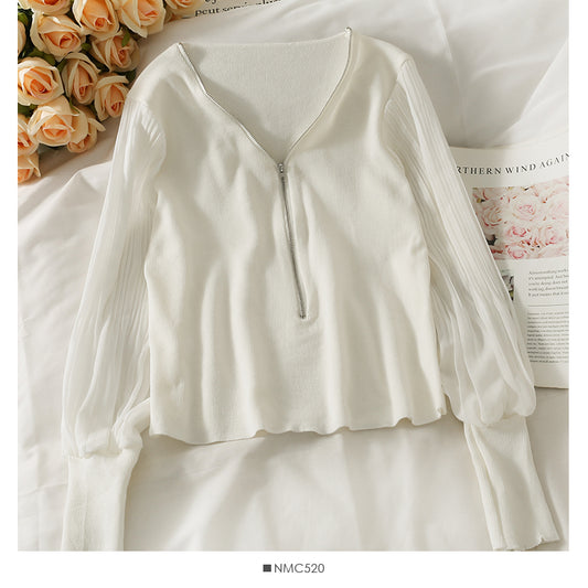 T-shirt court à col bas et clavicule ouverte, style niche française, fermeture éclair, 1942