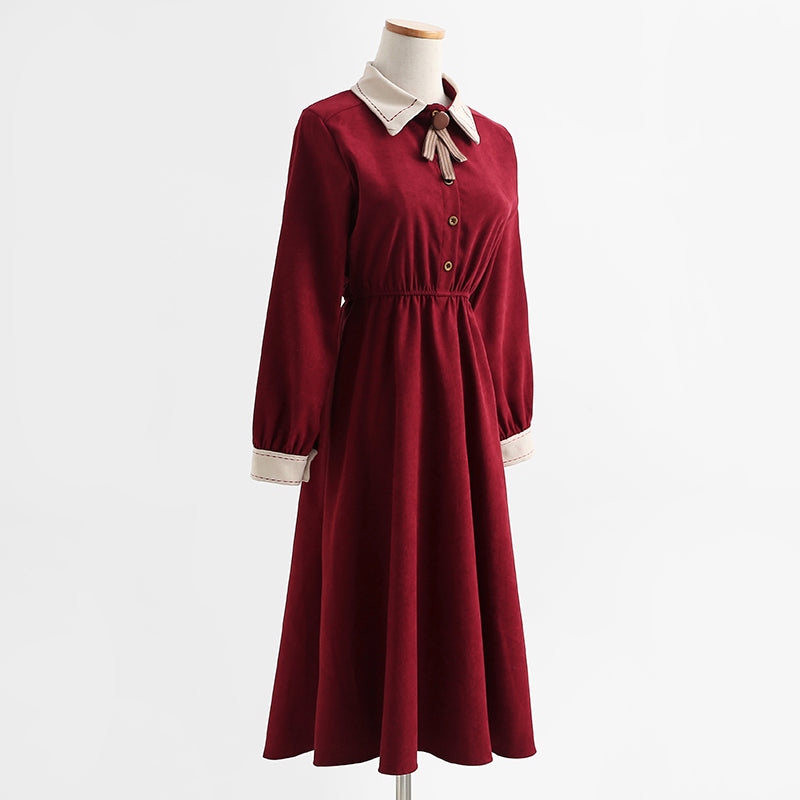 Long sleeved dress, academic style, thin temperament, knee length skirt, French long skirt, female  2159