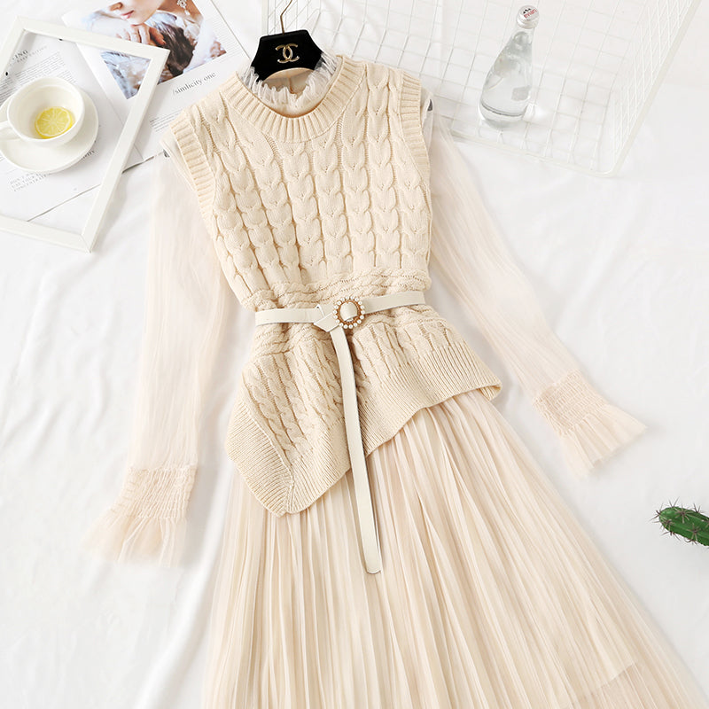 French minority sweater vest suit knee length gauze skirt  2476