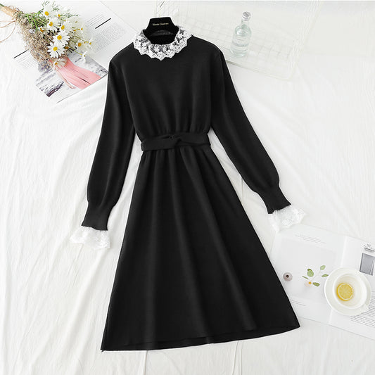 Lace stitched knit dress half high neck slim long sleeve  2404