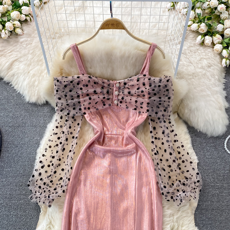 Metallic mosaic dot mesh suspender dress dress dress  3268
