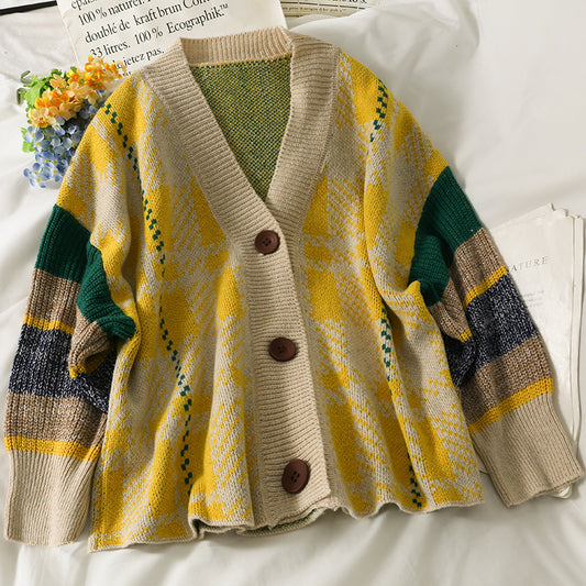 Pull cardigan à carreaux style Hong Kong à boutonnage simple 1795