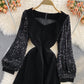 Robe moulante fendue à manches bouffantes et sequins cousus en velours 3109