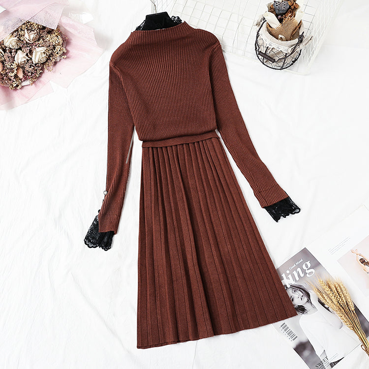 New French retro backing slim lace neck sweater skirt  2362