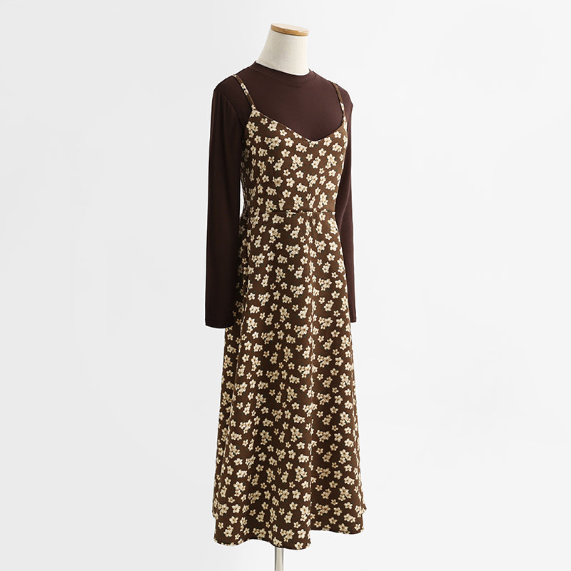 Floral skirt corduroy suspender dress women's two-piece suit  2177