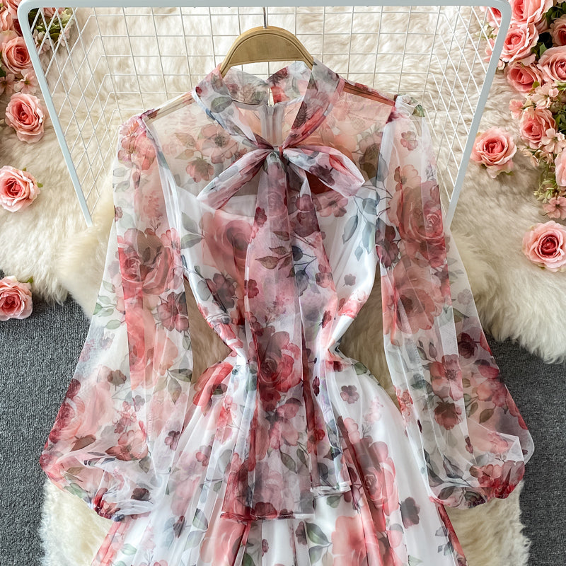 Robe en mousseline de soie à taille haute avec nœud papillon et coupe vent doux 3221