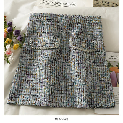 Jupe portefeuille taille haute en tweed à carreaux rétro de style Hong Kong pour femme 2539