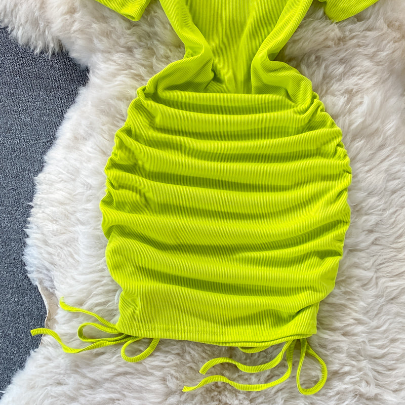 Sexy drawstring temperament slim round neck tight buttock dress  2777