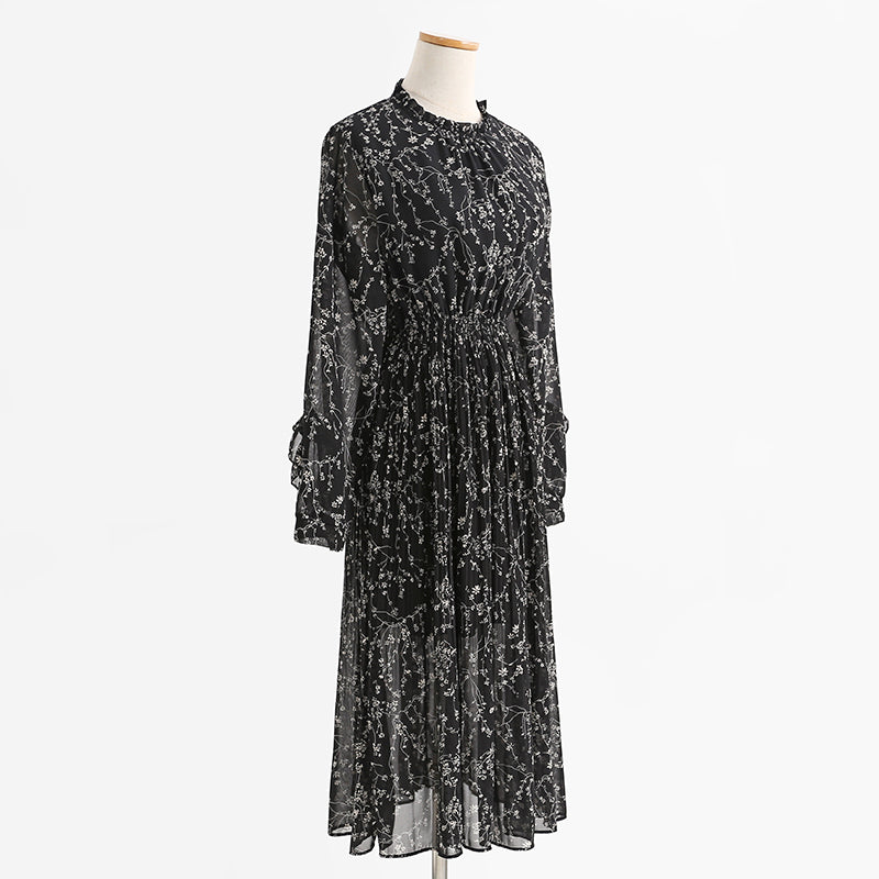 Chiffon pleated skirt, fungus floral dress, slim dress, lady dress  2432