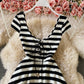 Robe rayée à col en V, jupe trapèze slim décolletée 3049