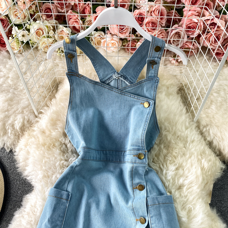 Robe à bretelles en jean fendue sans manches avec jupe gilet à bretelles 3312