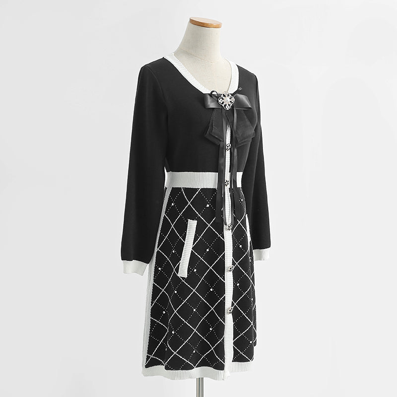 New bow knit dress long sleeve small fragrance A-line skirt  2421