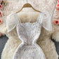 Square neck bubble sleeve high waist slim fit medium and long lace dress  2731