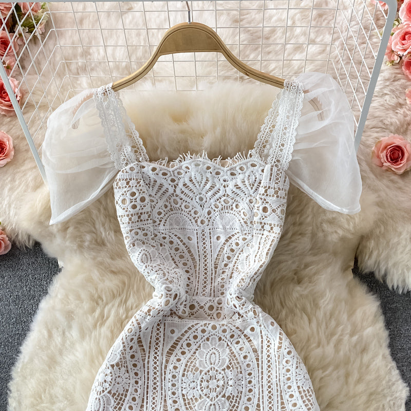 Square neck bubble sleeve high waist slim fit medium and long lace dress  2731