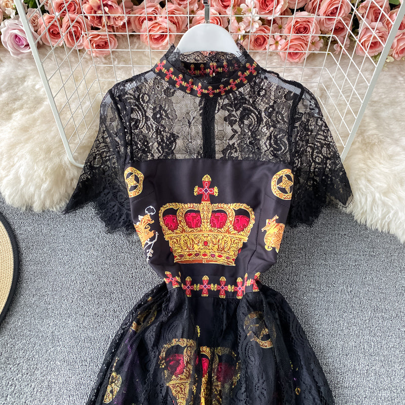 Robe vintage en dentelle à col montant de style familier léger Hepburn 3160